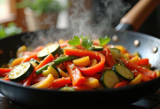 Vibrant Skillet of Colorful Stir-Fry Vegetables Sizzling with Passionate Heat and Crisp Freshness