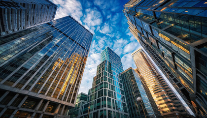 Stunning upward view of modern glass skyscrapers reaching toward a vibrant blue cloudy sky at sunset