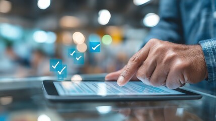 Hand Using Tablet with Checkmarks in Digital Interface for Task Management and Productivity