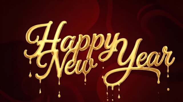Golden 3D Text "Happy New Year" Animated on Dark Red Background with Swirls