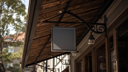 Empty signage and blank mock up hanging on street with copy space