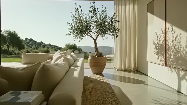 A cozy living room scene featuring a spacious white couch, coffee table, and expansive window framing a majestic tree outside evokes feelings of relaxation and tranquility perfect for conveying.