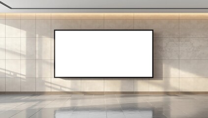Fototapeta premium Empty rectangular advertising billboard on stone wall in Seoul airport - perfect for mockup or commercial design use