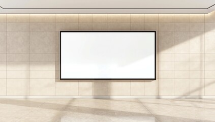 Fototapeta premium Empty rectangular advertising billboard on stone wall in Seoul airport - perfect for mockup or commercial design use