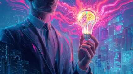Businessman with Bright Light Bulb Symbolizing Creativity and Innovation Against Cityscape Background