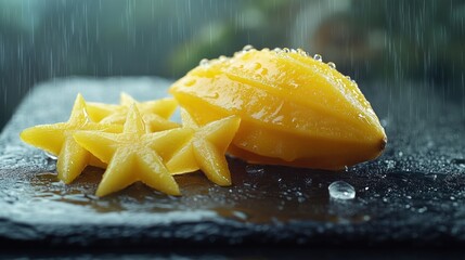 Fresh Star Fruit Slices on a Wet Slate Surface.
