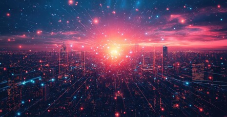 Futuristic Cityscape with Glowing Lights and Digital Network.