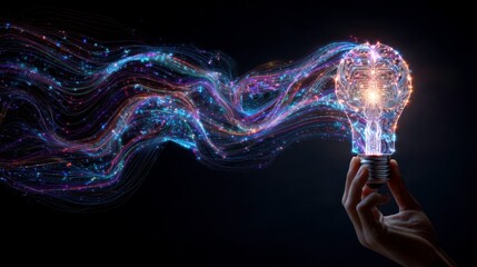 Human Hand Holding Futuristic Light Bulb with Abstract Colorful Connections and Glow Effects