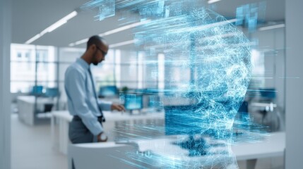 Futuristic office environment featuring digital abstract human figure and professional worker