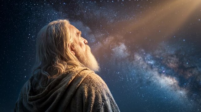  Cinematic video of Biblical patriarch Abraham looking at starry night sky receiving God's promise concept.