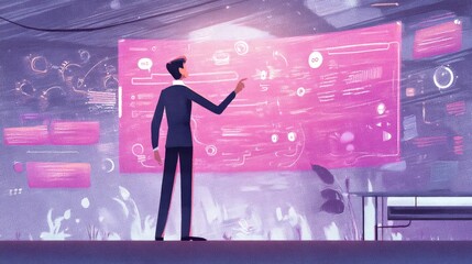 Modern businessman interacting with holographic screen in futuristic office environment