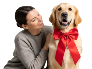 Woman Petting Dog Red Bow Tie Gift Holiday Celebration Canine Affection
