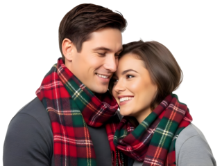 Romantic Couple Smiling Wearing Tartan Scarves Christmas Holiday Love Happiness Togetherness