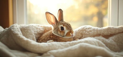 Adorable brown rabbit nestled comfortably on a soft blanket indoors.