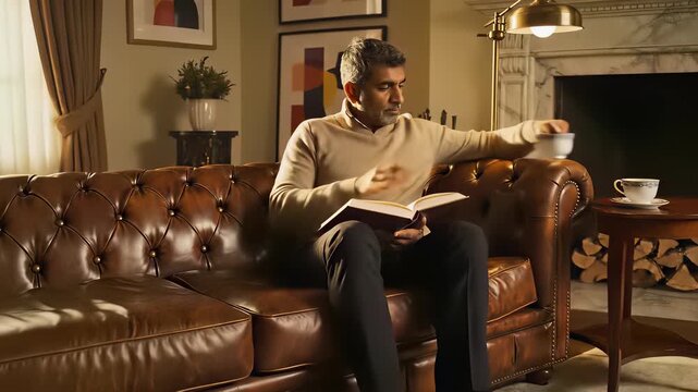 A man indulges in a cozy living room setting, comfortably seated on a leather couch, immersed in a book while sipping coffee, capturing the essence of relaxation and intellectual pursuits.