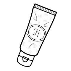 Sunscreen bottle and sun icon in a simple black line style. Sun protection and summer care concept