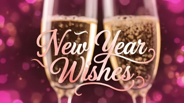 Sparkling Champagne Glasses Toasting for New Year Wishes Celebration, Festive Bokeh Background