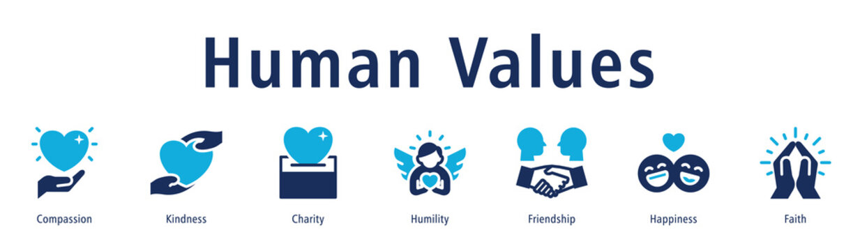Human values icon vector concept highlighting compassion, kindness, charity, humility, happiness, and supportive connections.