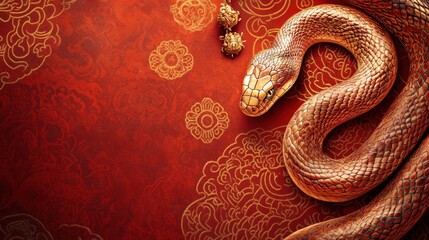 Golden Snake on Red Background - Chinese New Year Celebration.