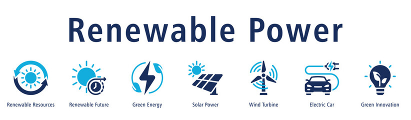 Fototapeta premium Renewable Power web banner icon vector illustration with icons of Renewable Resources, Renewable Future, Green Energy, Solar Power, Wind Turbine, Electric Car, and Green Innovation.