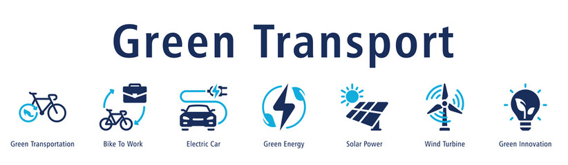 Green Transport web banner icon vector illustration with icons of Green Transportation, Bike to Work, Electric Car, Green Energy, Solar Power, Wind Turbine, and Green Innovation.