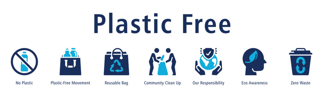 Plastic Free web banner icon vector illustration with icons of No Plastic, Plastic-Free Movement, Reusable Bag, Community Clean Up, Our Responsibility, Eco Awareness, and Zero Waste.