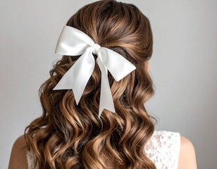 Woman's long, wavy, brown hair adorned with a large white ribbon