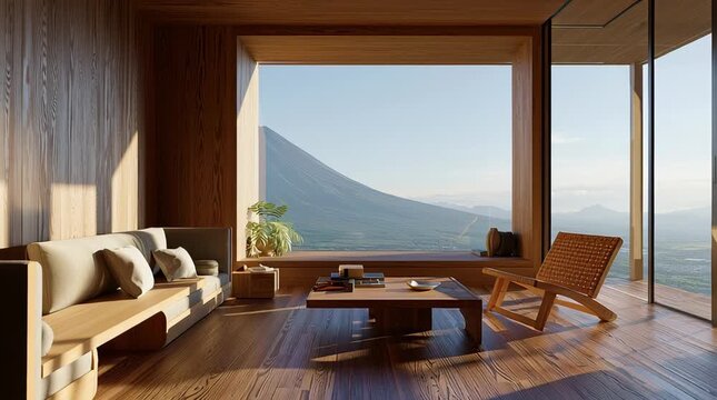 Natural wood living room with mountain view, simple furnishings and serene atmosphere