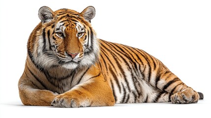 Obraz premium Adult siberian tiger lying down, majestic predator, isolated