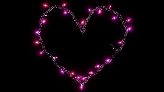 Horizontal abstract romantic Christmas fairy lights Xmas New Year garland electric heart loop animation frame border window neon pink led love Valentine wedding date greeting postcard banner copyspace