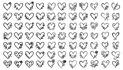 Cute hand drawn hearts with floral doodle decorative vector pattern