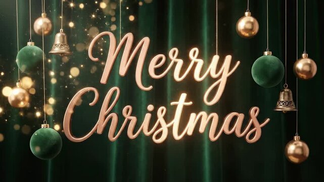 Elegant Merry Christmas text glowing in golden script surrounded by luxury velvet ornaments and sparkling bokeh lights on a deep emerald green background