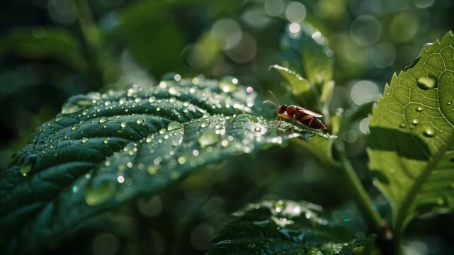 Dew Drops on Leaf, Insect Fresh Green Nature Close-Up