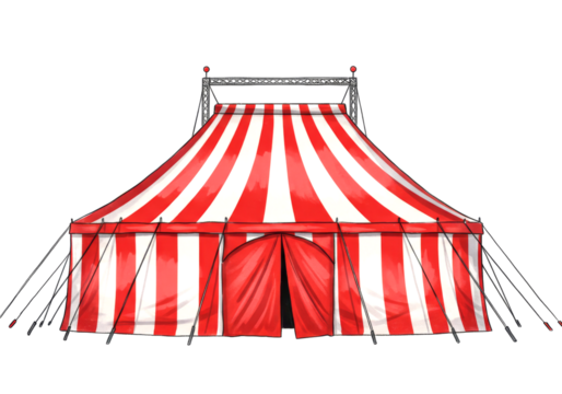 Classic red and white striped circus tent with a closed entrance and support structure, rendered in a detailed hand-drawn illustration style from a straight front view - Powered by Adobe