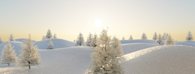 3D Rendering of a wavy snow landscape with white fir trees in the evening sunlight