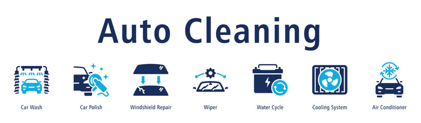 Auto Cleaning web banner icon vector illustration with icons of Car Wash, Car Polish, Windshield Repair, Wiper, Water Cycle, Cooling System and Air Conditioner.