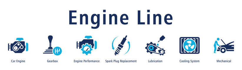 Engine Line web banner icon vector illustration with icons of Car Engine, Gearbox, Engine Performance, Spark Plug Replacement, Lubrication, Cooling System and Mechanical.