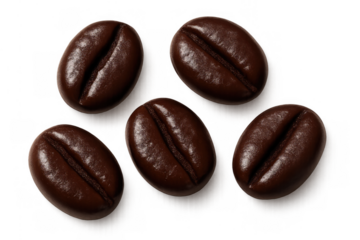 Five roasted coffee beans, a natural ingredient for brewing coffee, providing an energizing dark brown texture on a transparent background