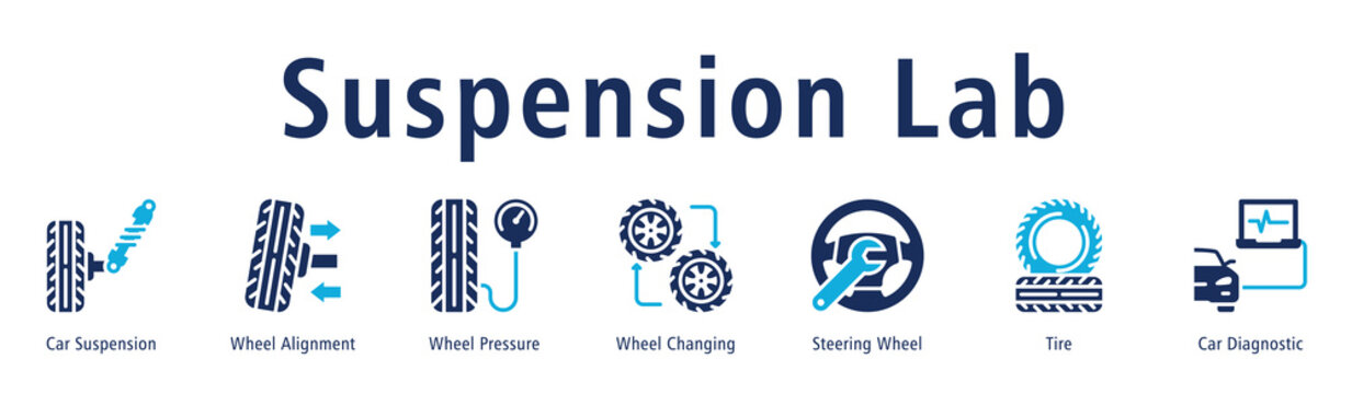 Suspension Lab web banner icon vector illustration with icons of Car Suspension, Wheel Alignment, Wheel Pressure, Wheel Changing, Steering Wheel, Tire and Car Diagnostic.