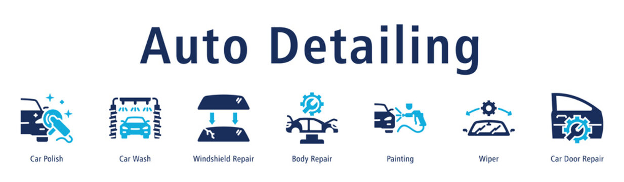 Auto Detailing web banner icon vector illustration with icons of Car Polish, Car Wash, Windshield Repair, Body Repair, Painting, Wiper and Car Door Repair.