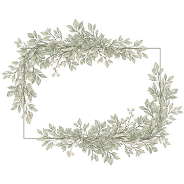 Digital Illustration of Soft Green Wreath with Leaf and Flower Border in Square Frame for Celebratory Design