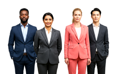 Diverse group of four business people standing together in formal suits looking at the camera with confident expressions in a professional corporate team portrait