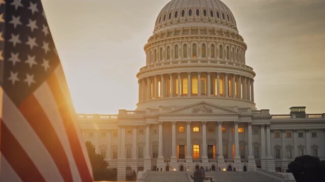 American Capitol Building and Flag at Sunset