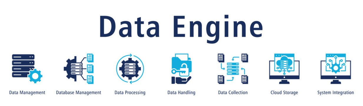 Data Engine web banner icon vector illustration with icons of Data Management, Database Management, Data Processing, Data Handling, Data Collection, Cloud Storage and System Integration.