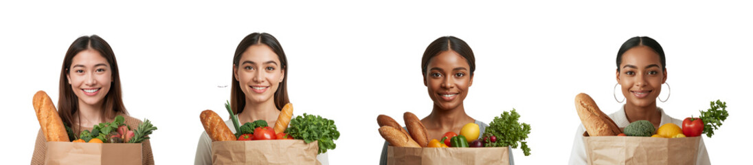 Positive young woman with paper shopping bag with vegetables, fruits and bread isolated on transparent background