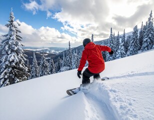 A person in a red jacket snowboards down a pristine snowy mountain slope amidst a winter forest under a partly cloudy sky.