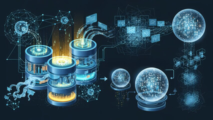 Abstract and technical-looking illustrations of big data and ML models. Large databases with gears and filters, neural networks as interconnected nodes with flowing data, predictive models as crystal 