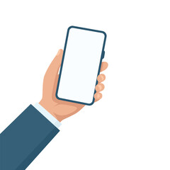 Business Hand Holding Smartphone with Blank Screen, Mobile Phone in Male Hand. Flat Cartoon Vector Illustration. Online Service, Web Banner, Customer Support Concept