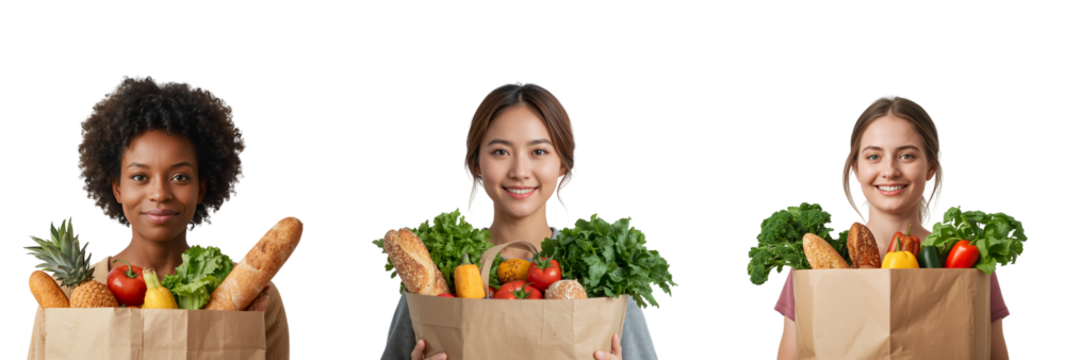 Positive young woman with paper shopping bag with vegetables, fruits and bread isolated on transparent background - Powered by Adobe