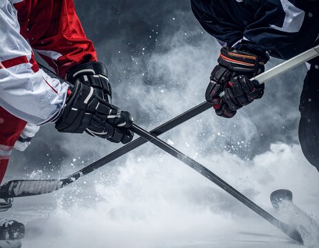 Intense face-off between two ice hockey players, their sticks clashing over the puck on a frozen rink amidst a cloud of ice spray.